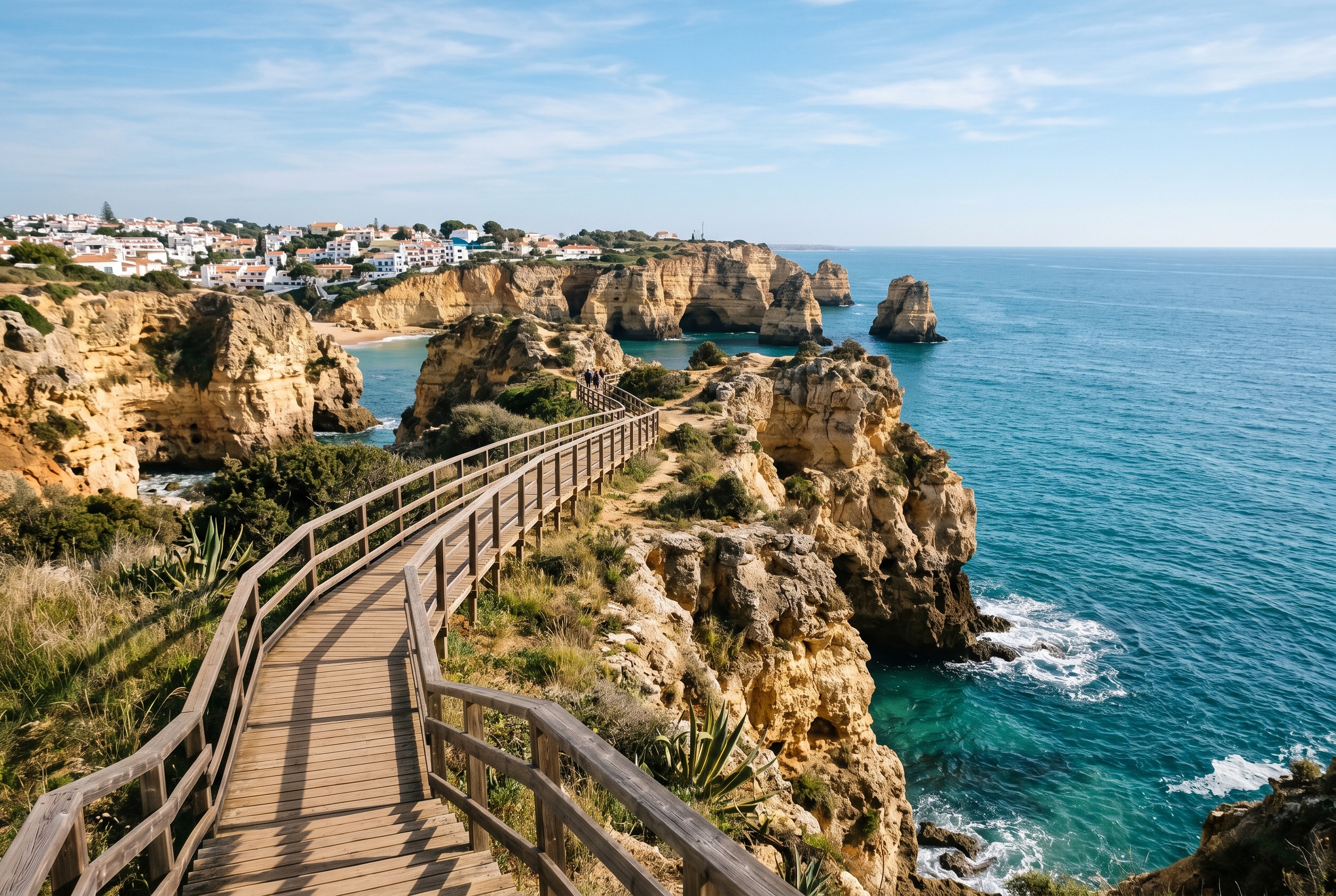 Scenic cliffs and boardwalk near Carvoeiro in the Algarve